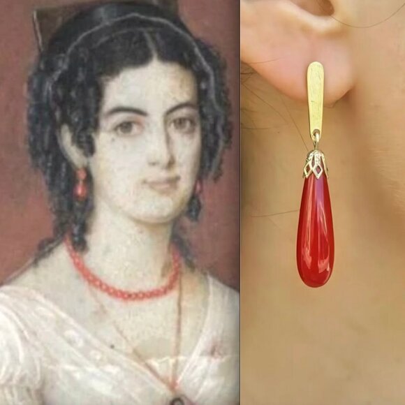 Real Red Coral and 24k Gold Plated Drop Earrings Victorian Regency Style - Picture 1 of 10